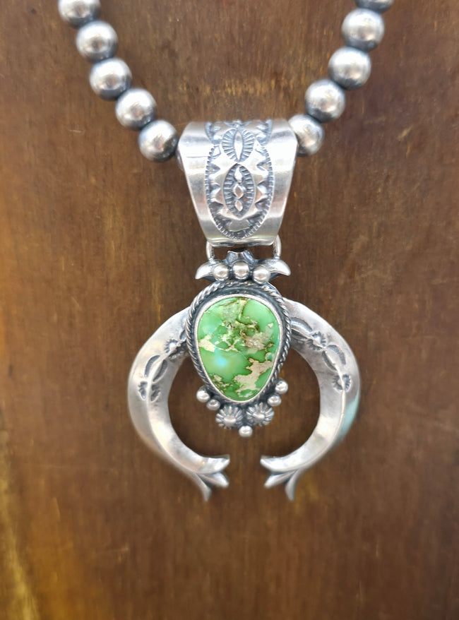 Blue/Green Sonoran Turquoise Naja on Oxidized Sterling Silver Bead Necklace by Samuel Yellowhair - 18 in.