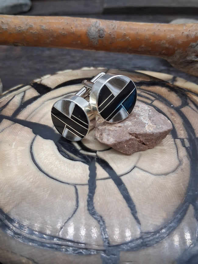 Sterling Silver Onyx and Agate Inlay Cufflinks by Edison Yazzie
