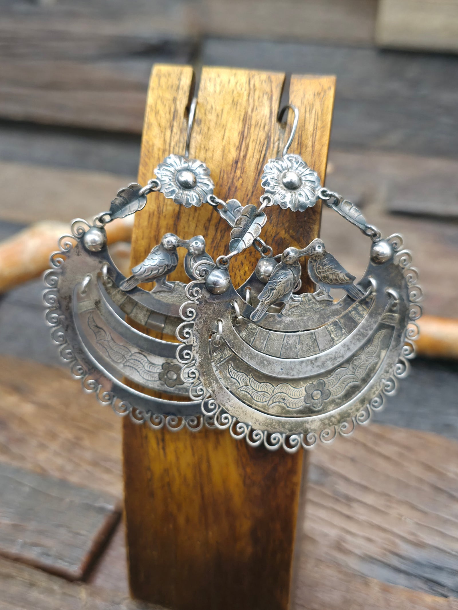 Vintage/Estate Stamped Sterling Silver Floral Bird Earrings by Federico Jimenez - 3 in. by 2 1/4 in.