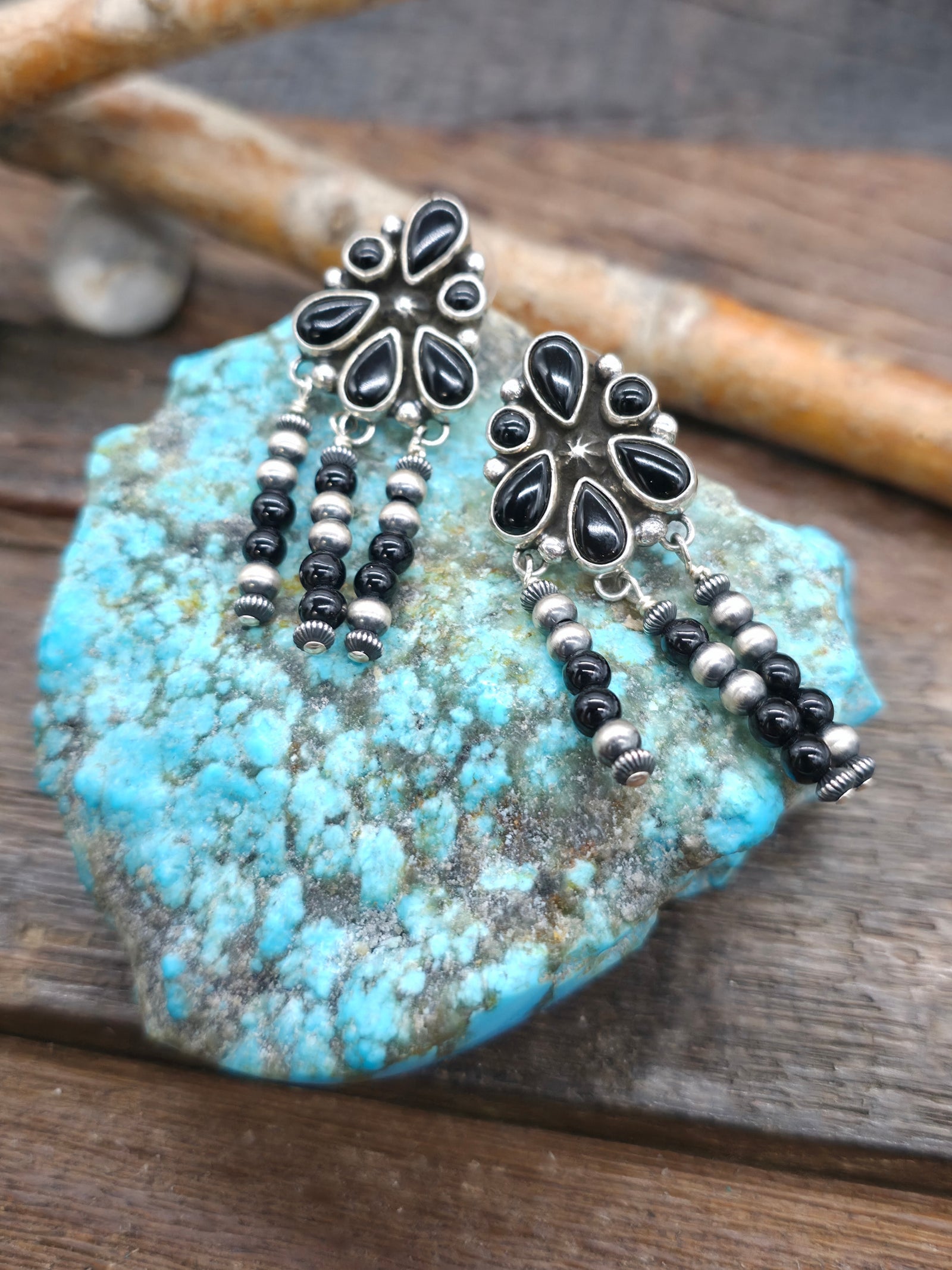 Sterling Silver and Onyx Post Earrings with Bead Dangles by Geneva Apachito