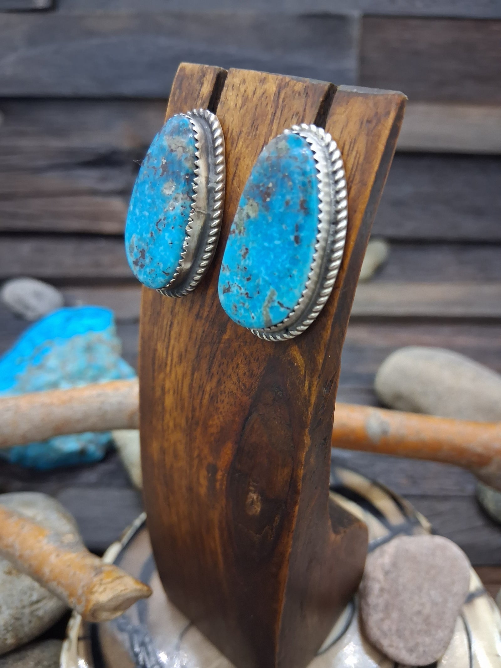 Sterling Silver Kingman Turquoise Post Dangle Earrings by Donovan Nez