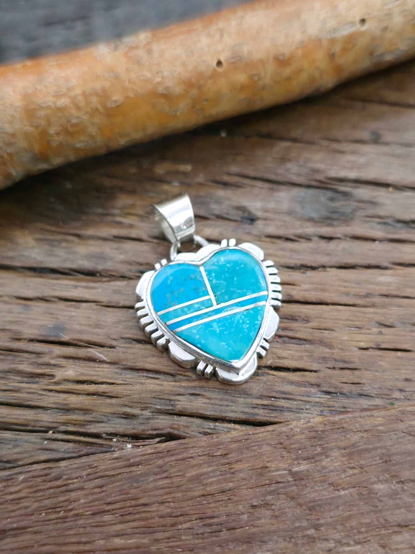Sterling Silver Turquoise Inlay Heart Pendant - 1 in. by 3/4 in.
