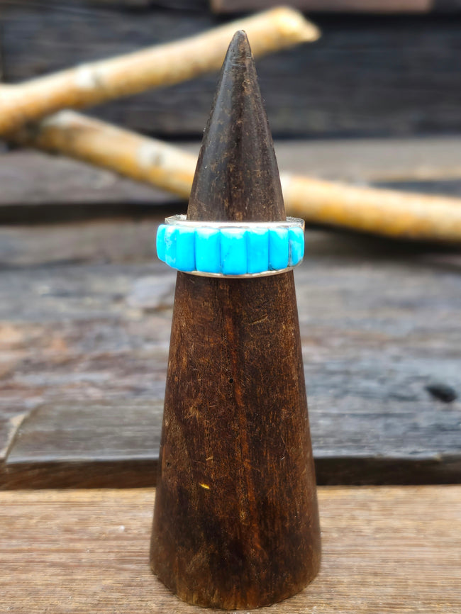Turquoise Cobblestone Inlay Sterling Silver Ring by Albert Topaha - Size 8 1/2