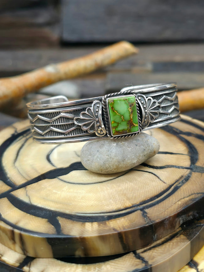 Stamped Sterling Silver and Turquoise Cuff by Sunshine Reeves - 6 1/2 in.