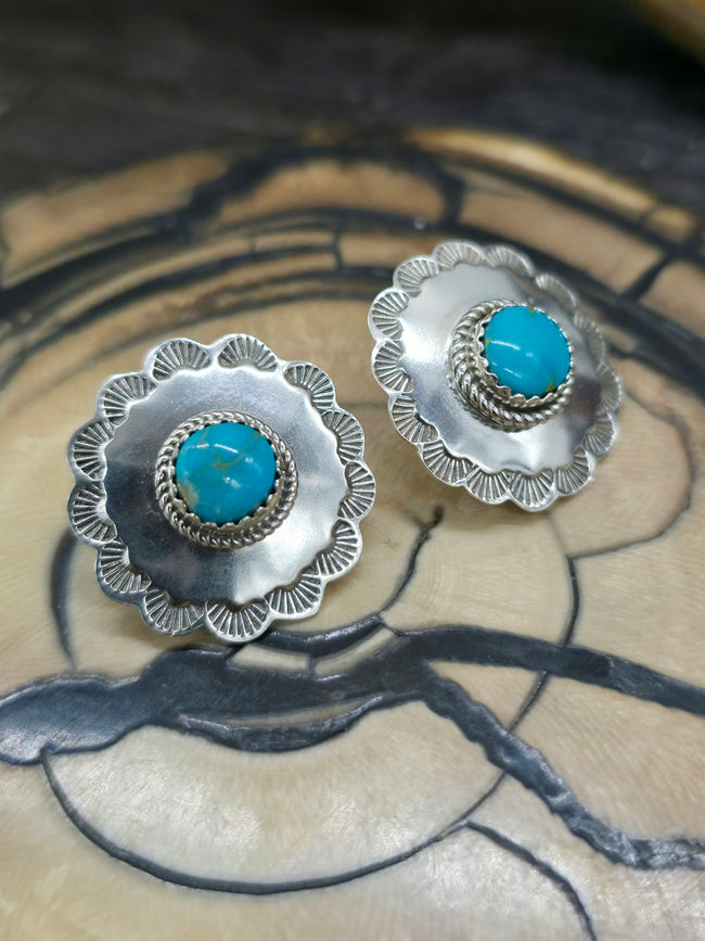 Round Stamped Sterling Silver Turquoise Post Earrings by Lucille Platero
