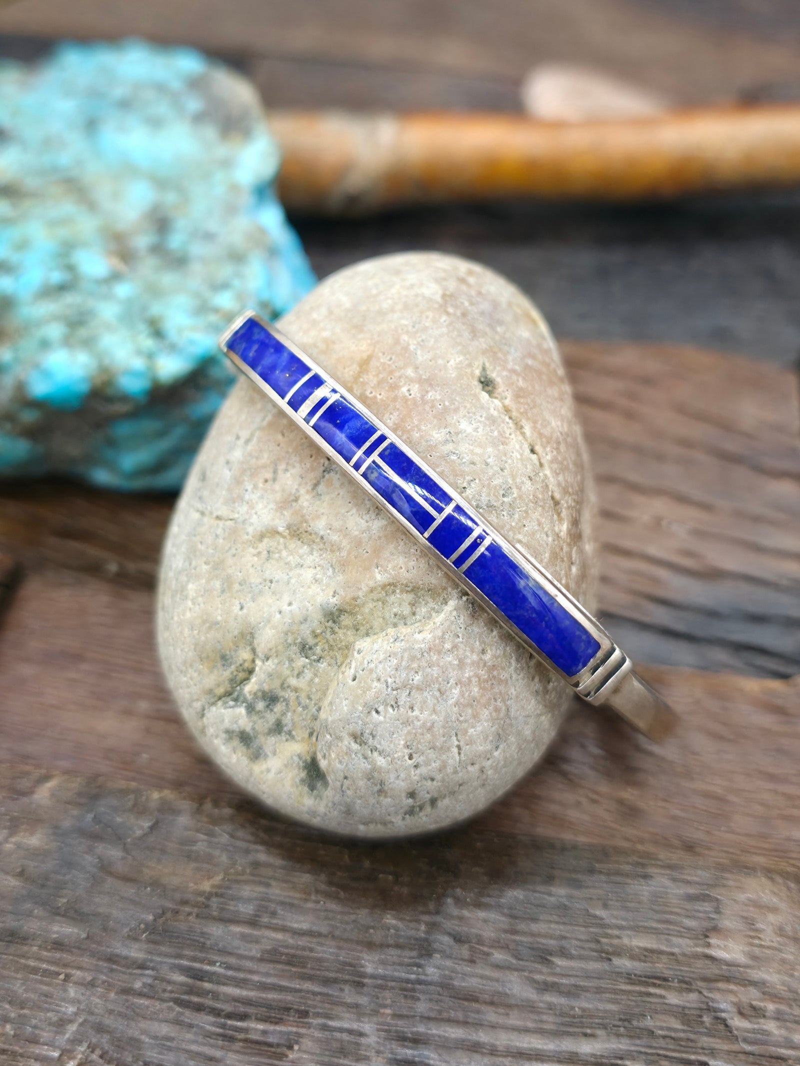 Sterling Silver Lapis Lazuli Inlay Cuff Bracelet - 6 1/4 in. with Gap