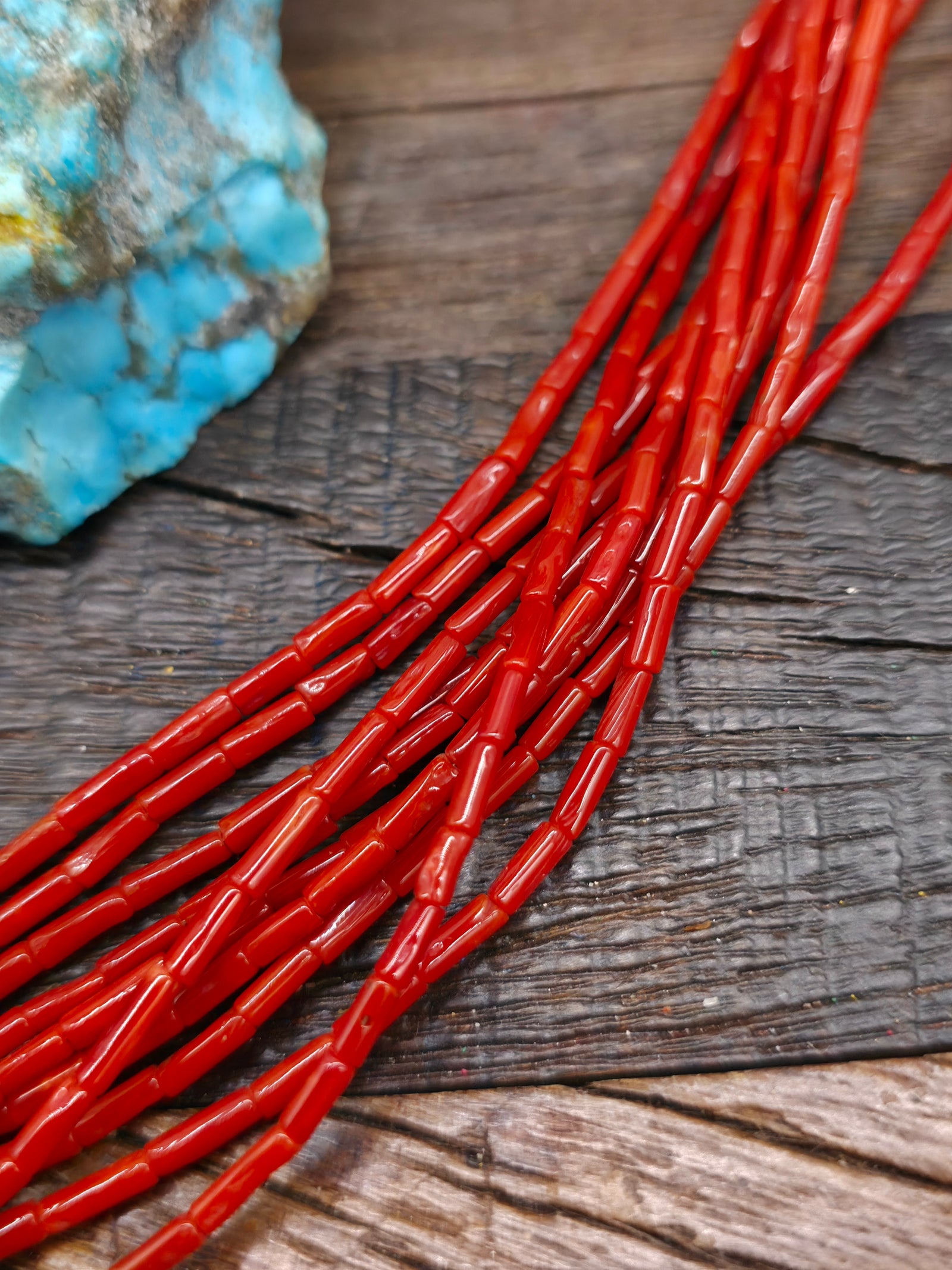 Ten Strand Coral Necklace with Turquoise Jacla and Traditional Wrap by Mel Masquat - 32 in. with 5 in. Drop