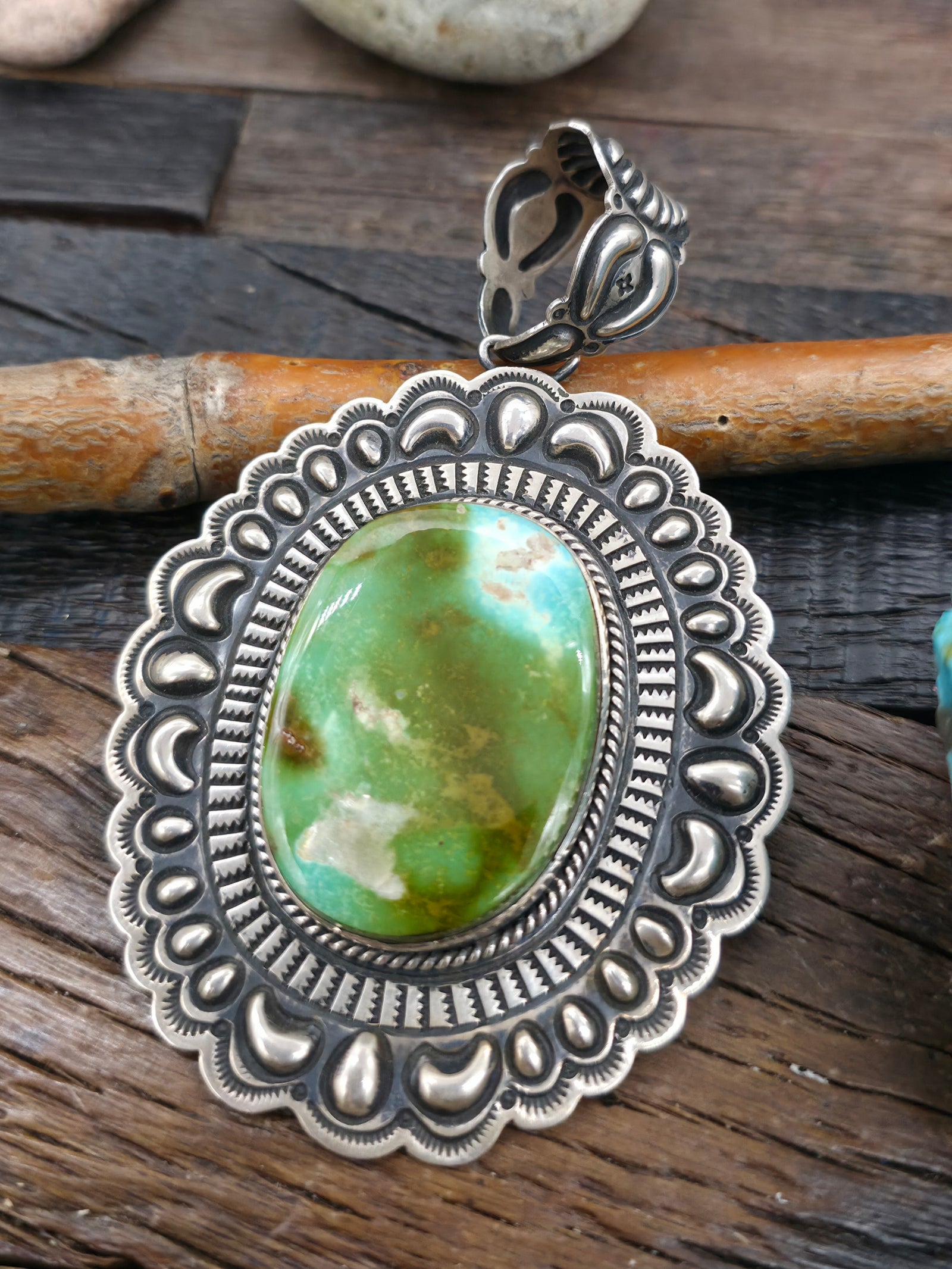 Repousse Stamped Sterling Silver Royston Pendant by T. O. Willie - 4 in. by 2 1/2 in.