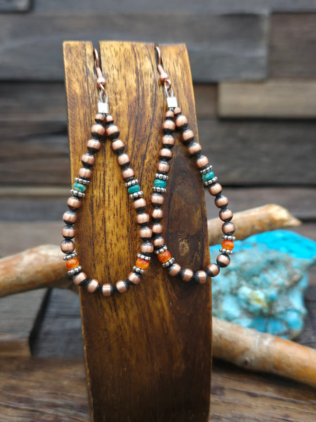 Copper Turquoise and Spiny Oyster Bead Teardrop Earrings