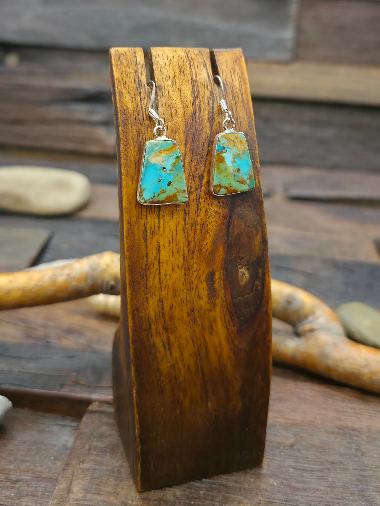 Sterling Silver Green Turquoise Mini Slab Earrings by Veronica Tortalita - 1 1/2 in. by 1/2 in.