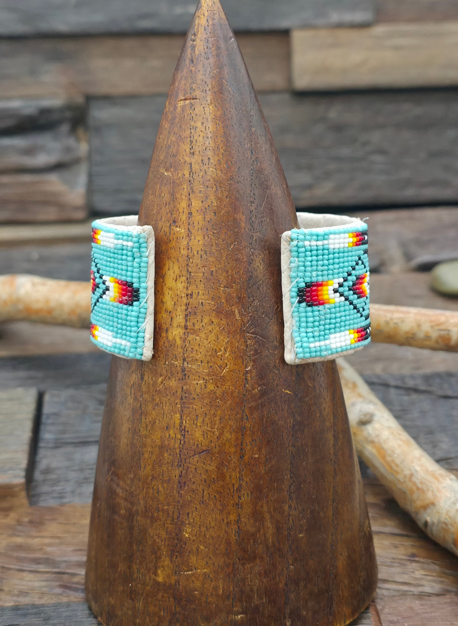 Beadwork Cuff by Dean Martin - Turquoise, Red, and Black with Feather Design - 6 3/4 in.