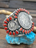 Liberty Dollar and Mercury Dime Coin Silver Cuff with Coral by Mark Yazzie - 6 3/4 in. w/Gap
