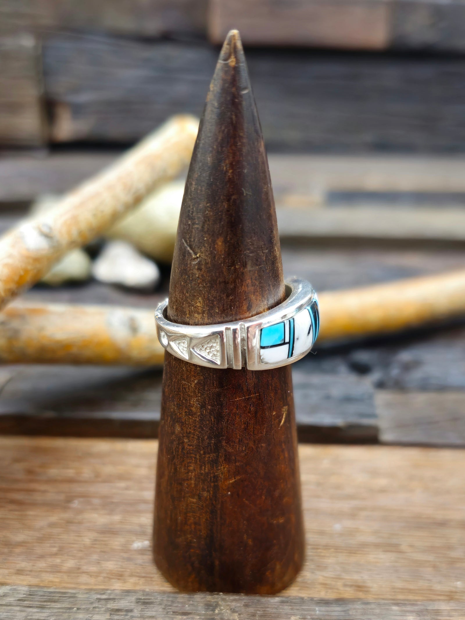 White Buffalo, Onyx, and Turquoise Inlay Sterling Silver Ring by Rick T. - Size 12