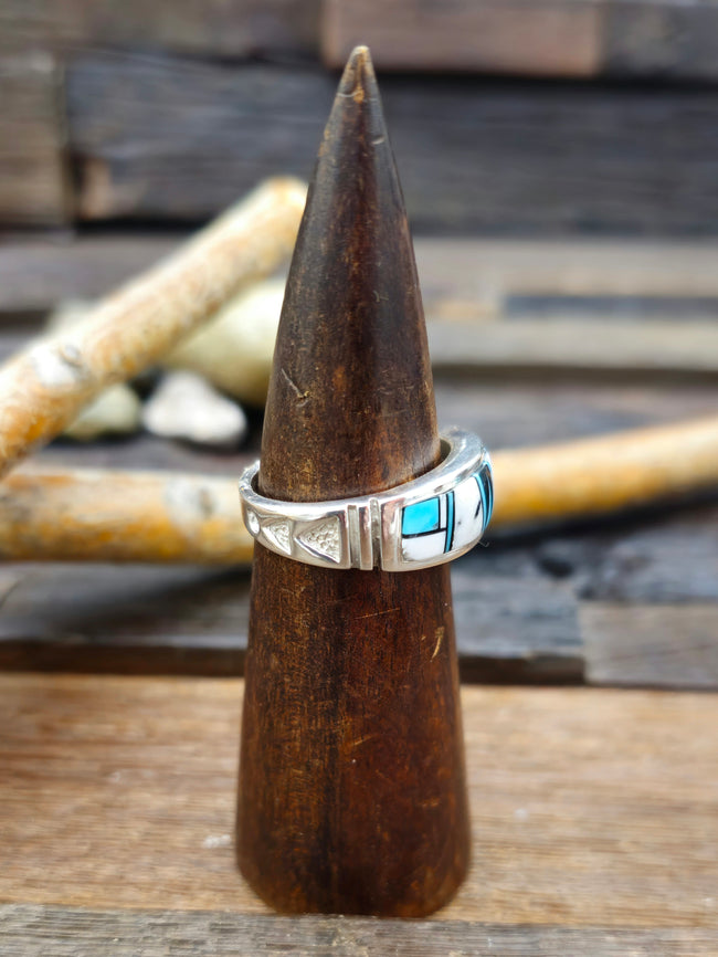 White Buffalo, Onyx, and Turquoise Inlay Sterling Silver Ring by Rick T. - Size 12