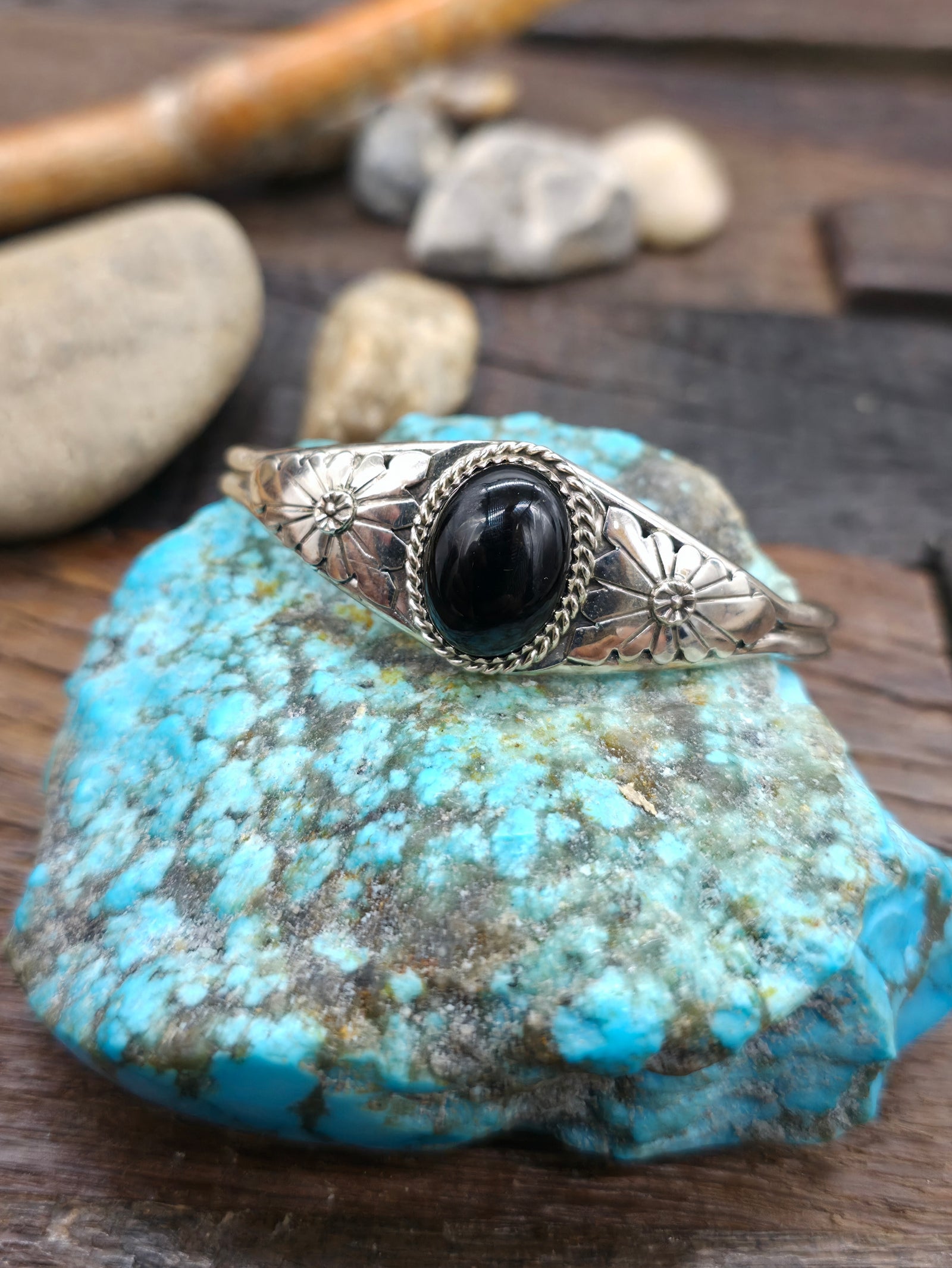 Black Onyx Sterling Silver Cuff by Renee Yazzie - 6 1/4 in. w/gap