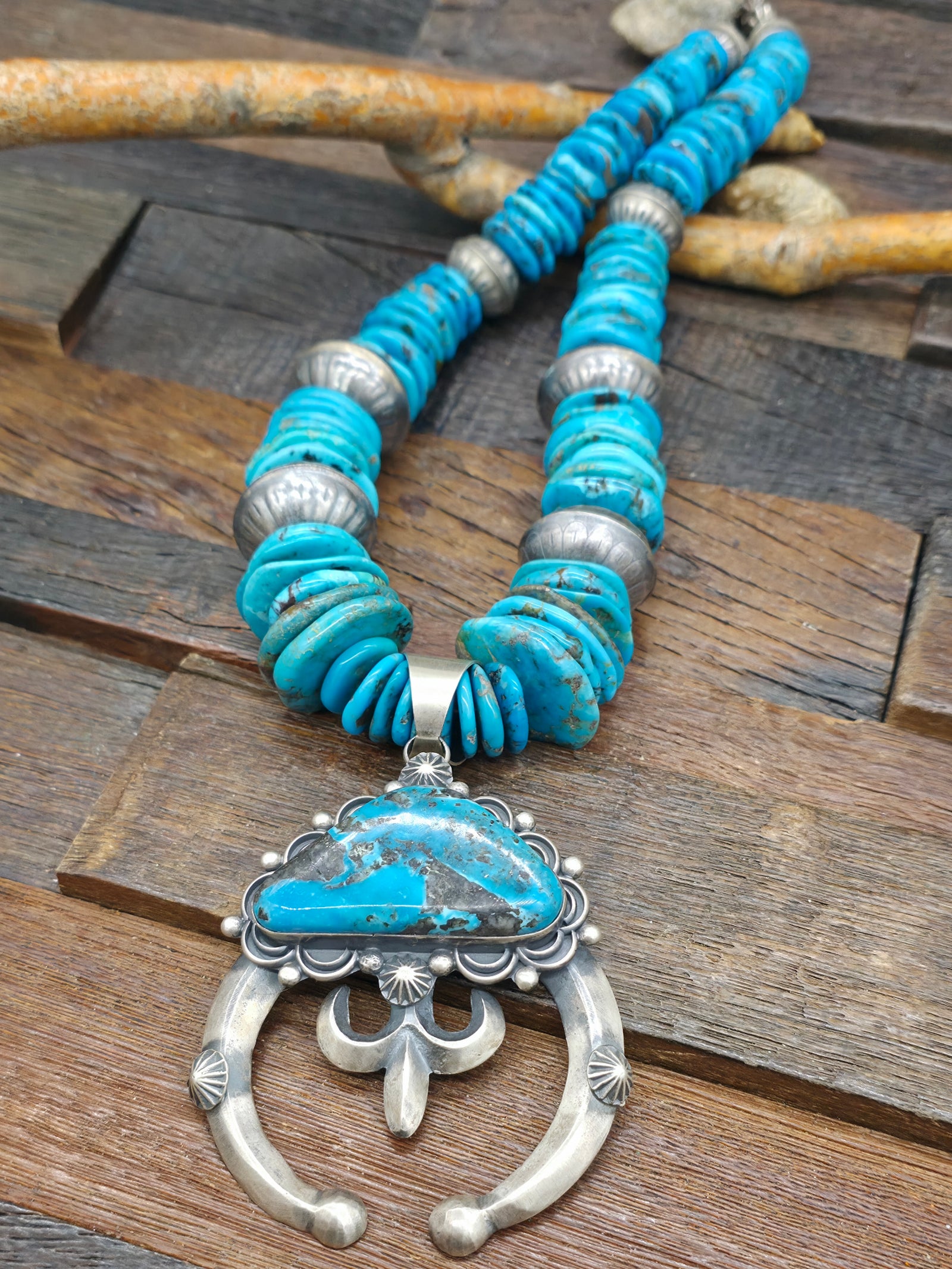 Mixed Turquoise and Sterling Silver Bead Necklace with Sterling Silver Turquoise Chimney Butte Naja - 26 in.