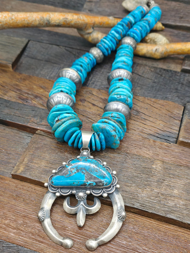 Mixed Turquoise and Sterling Silver Bead Necklace with Sterling Silver Turquoise Chimney Butte Naja - 26 in.