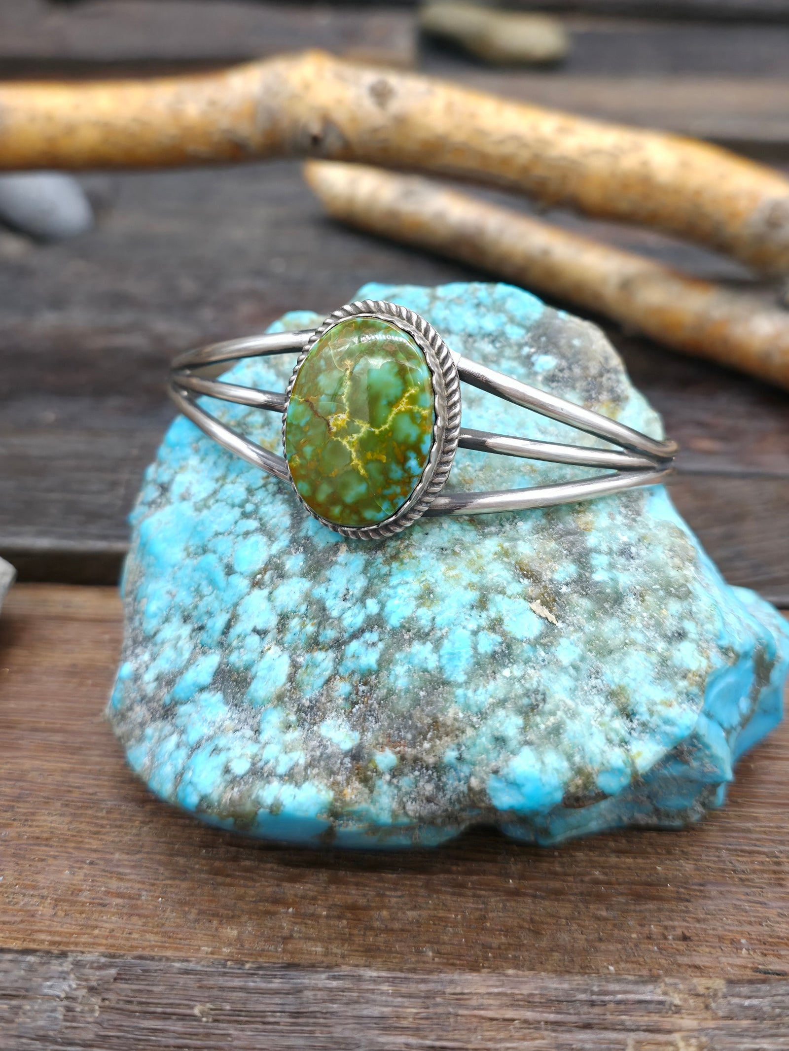 Sterling Silver Royston Turquoise Oval Cuff by LaRose Ganadanegro - 6 1/2 in. w/gap