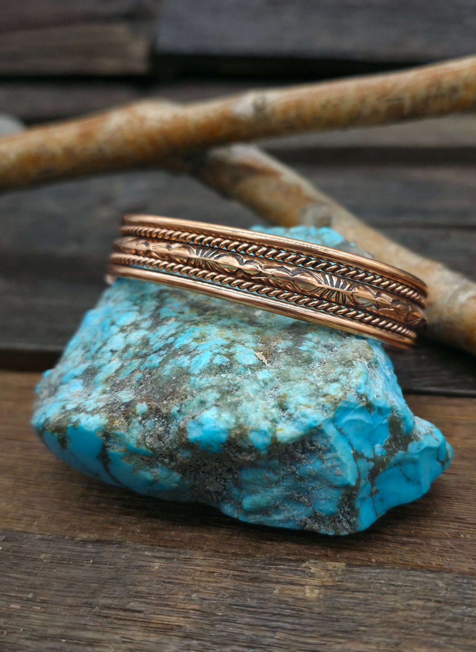 Copper Double Twist Cuff with Stamped Center by Elaine Tahe - 7 1/2 in. w/gap