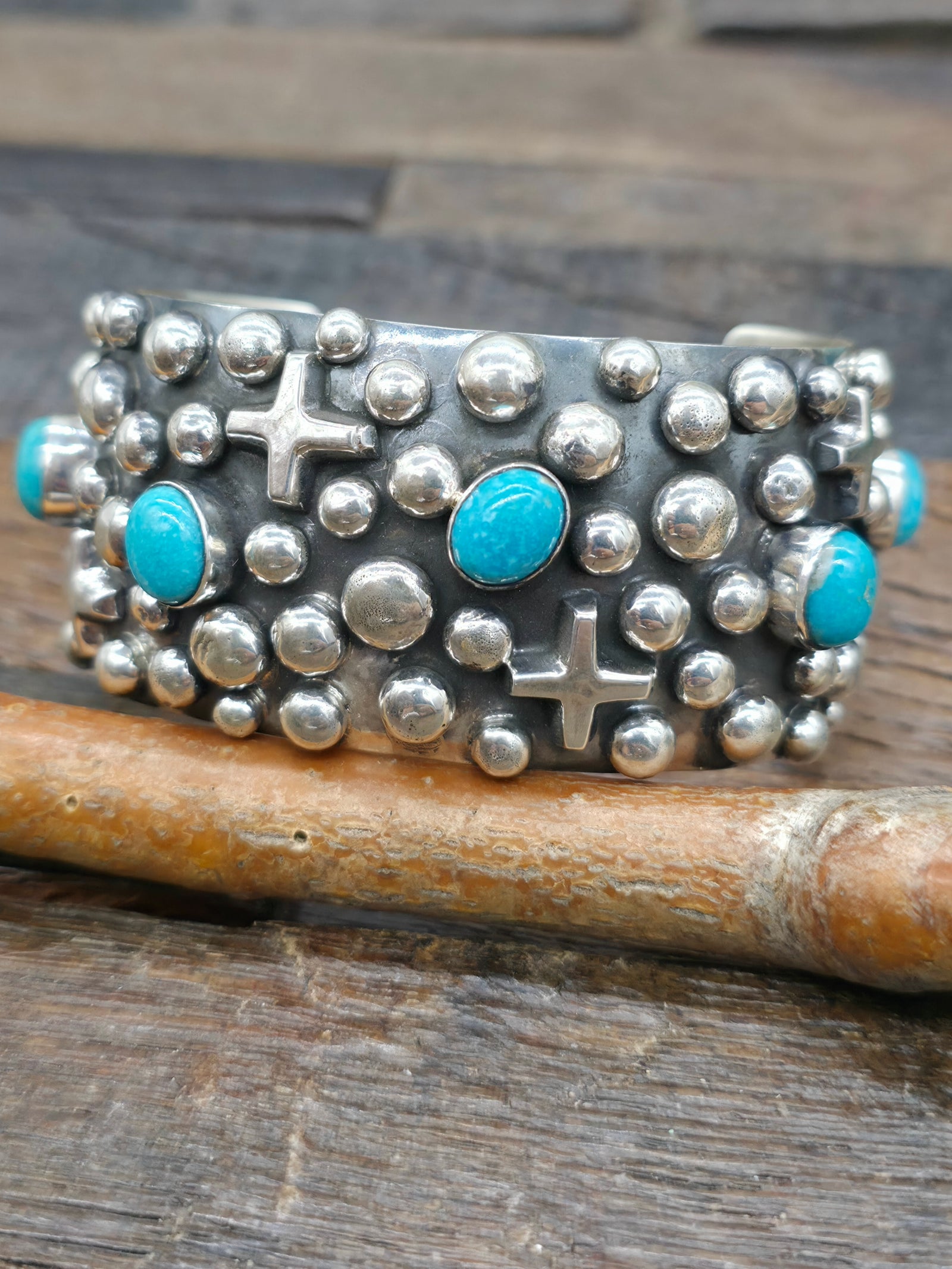 Chimney Butte Turquoise Sterling Silver Raindrop and Santa Fe Cross Cuff - 7 3/4 in.