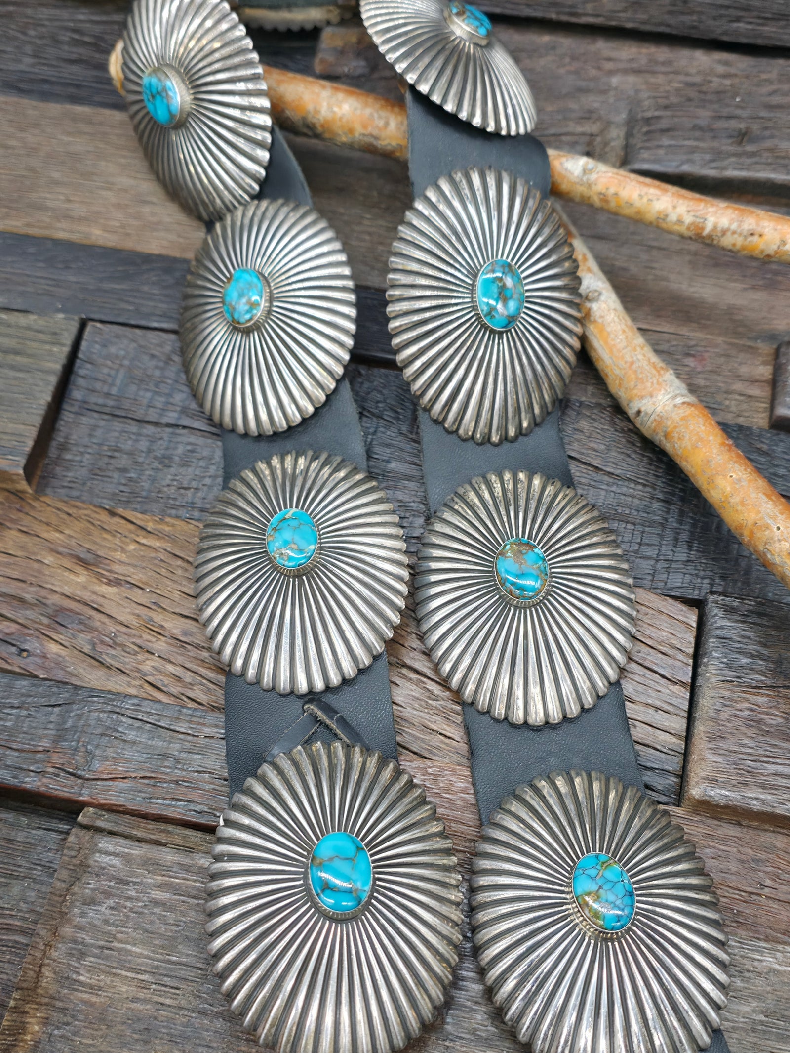 Vintage/Estate Blue Turquoise Stamped Sterling Silver Concho Belt by E. Bilagody