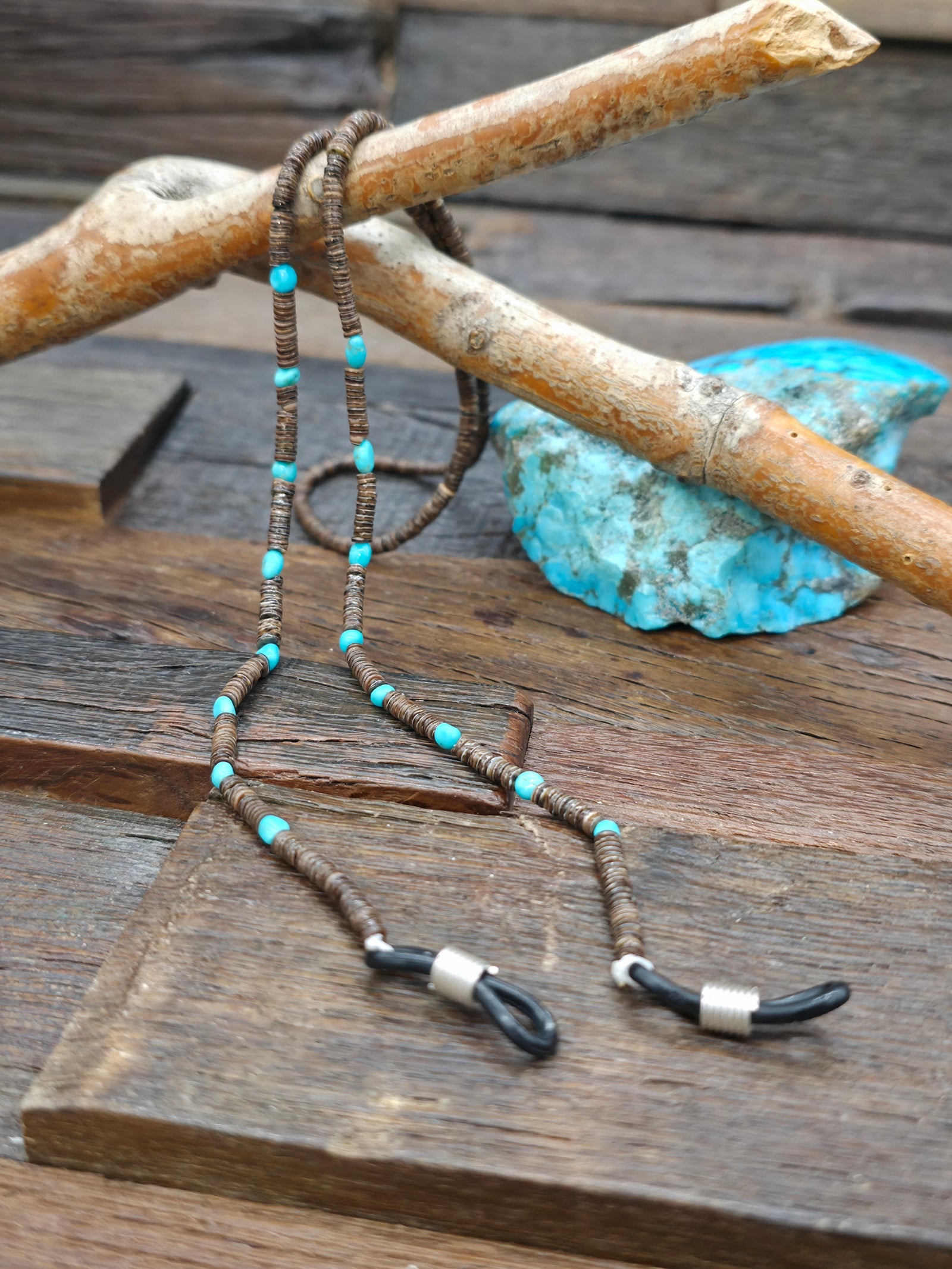 Turquoise and Dark Heishi Eyeglass Chain by Raymond Bird - 25 in.