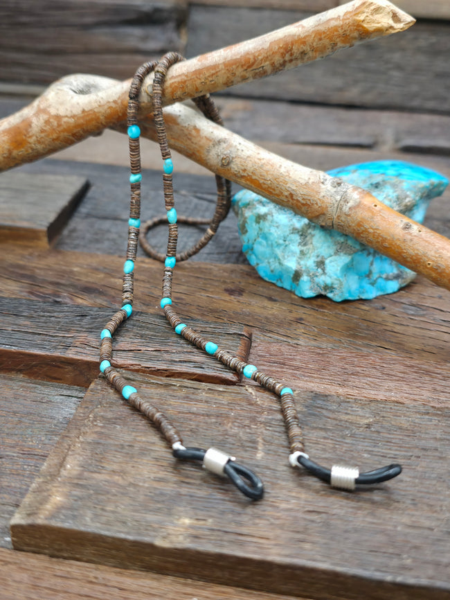 Turquoise and Dark Heishi Eyeglass Chain by Raymond Bird - 25 in.