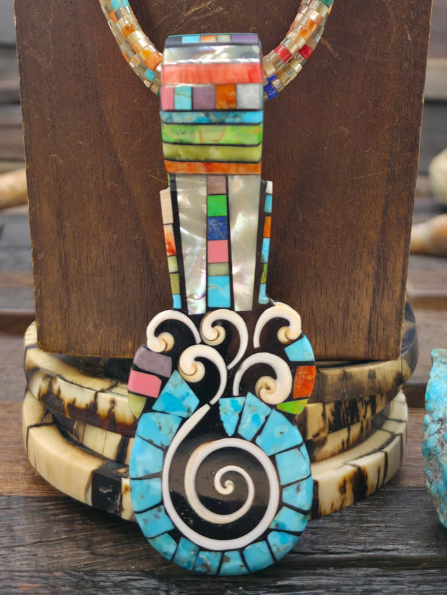 Four Strand Abalone Shell Necklace with Mosaic Inlay Swirl Pendant by Mary Tafoya - 19 1/2 in.