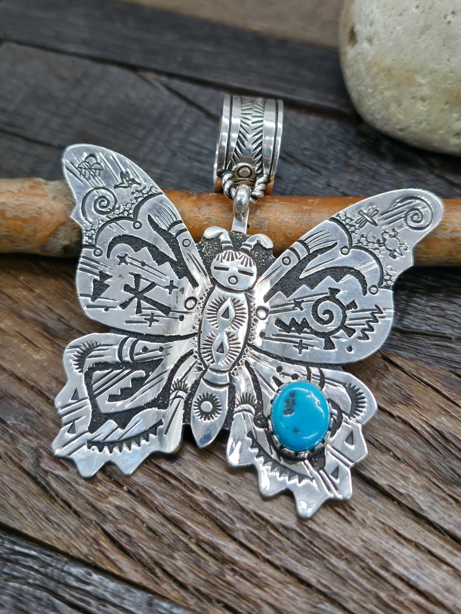 Large Sterling Silver and Turquoise Butterfly Pendant by Richard Singer - 3 1/4 in. by 3 in.