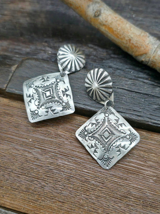 Sterling Silver Stamped Diamond Shape Earrings by Vincent Platero