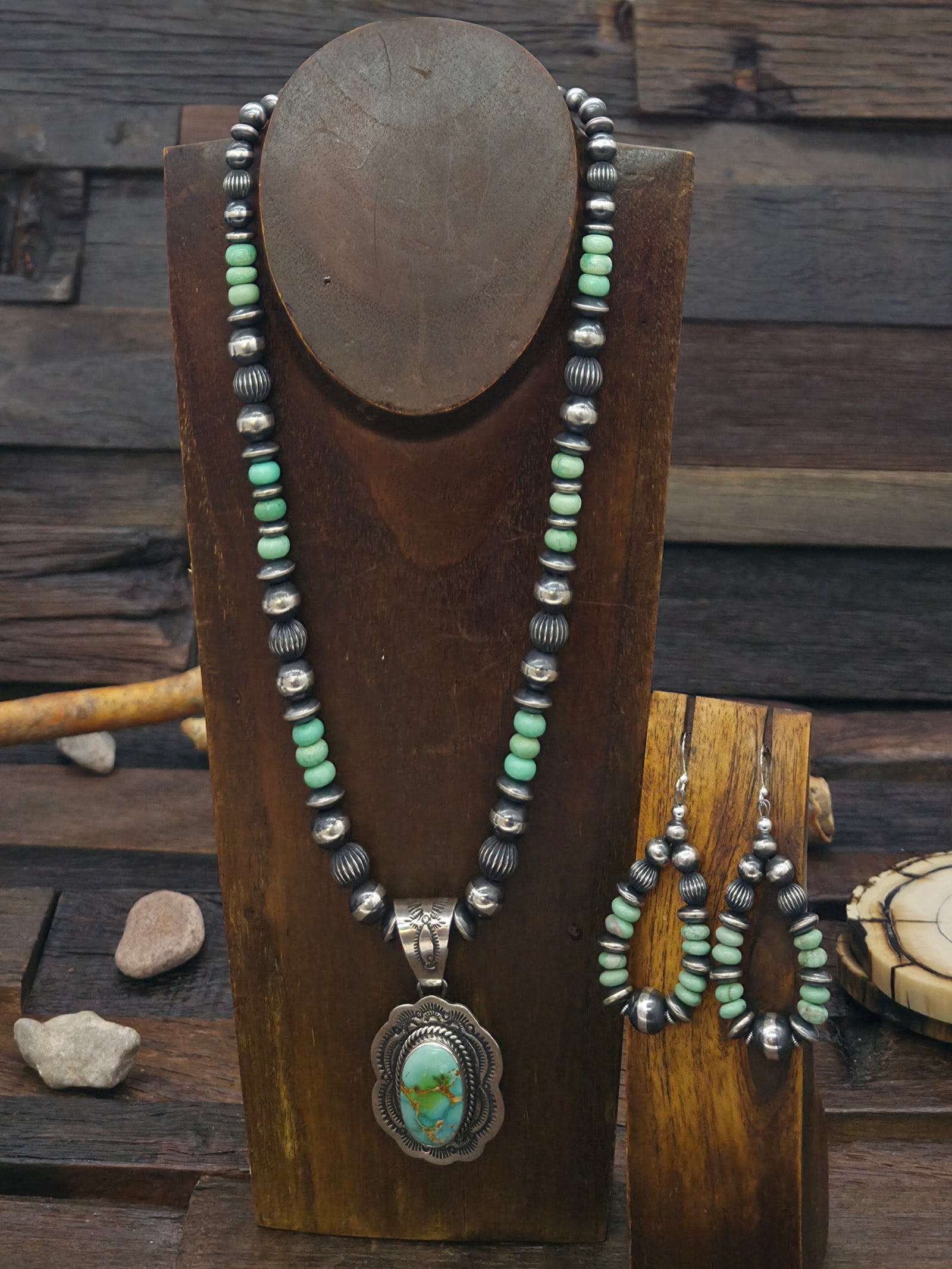 Sterling Silver Sonoran Turquoise Necklace and Earring Set by J. Nelson - 20 in.