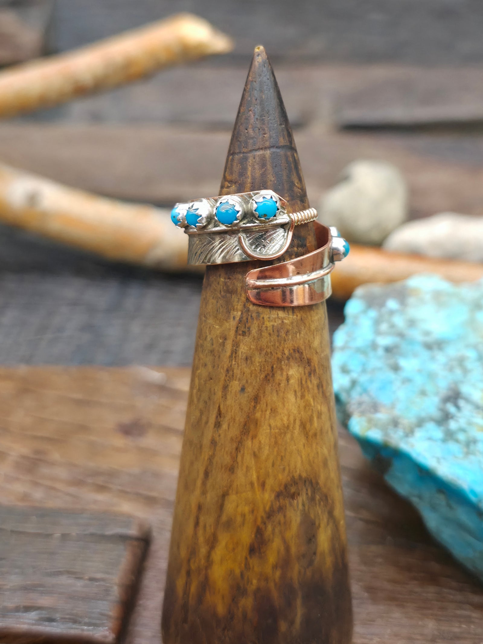 Copper and Turquoise Feather Wrap Ring by Aaron Davis - Adjustable