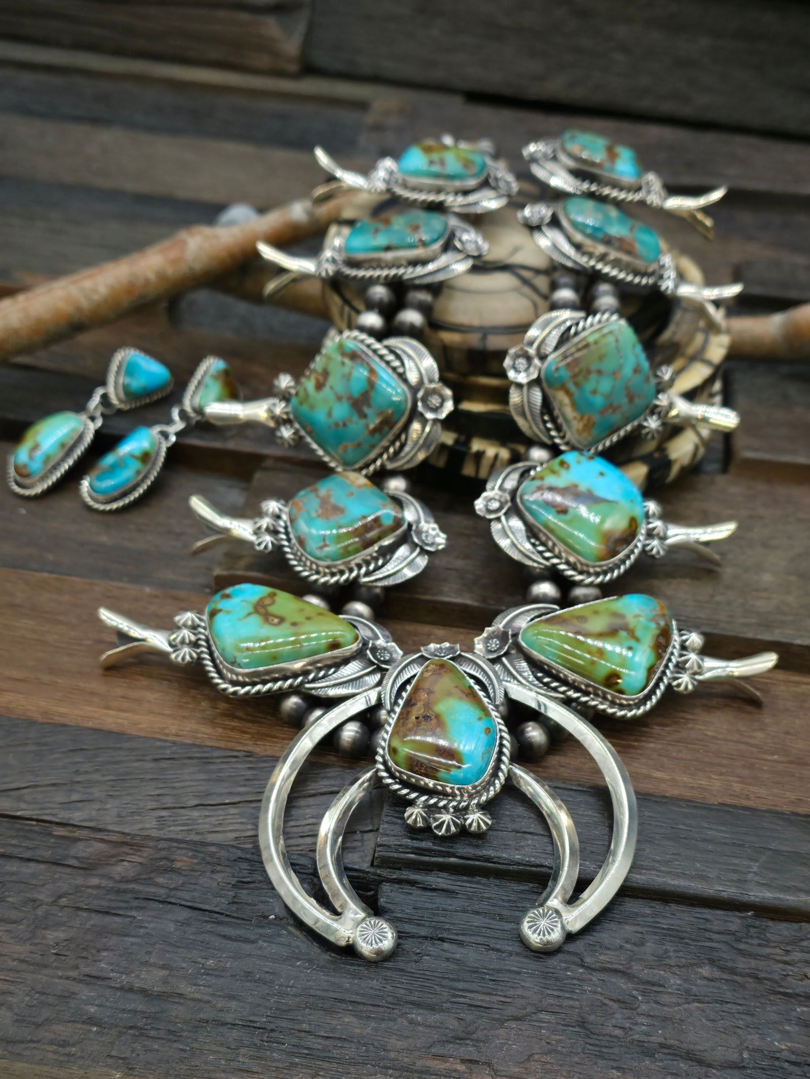Turquoise and Sterling Silver Leaf Applique Squash Blossom Necklace and Earring Set by Leonard Platero - 30 in.