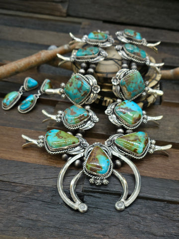Extra Large Stamped Sterling Silver White Buffalo Squash Blossom Necklace by Leon Martinez - 30 in.