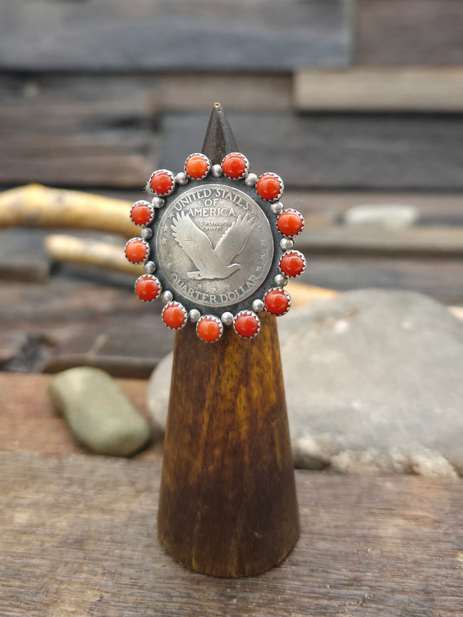 Coral Eagle Quarter Coin Ring by Lawrence Archuleta - Size 7