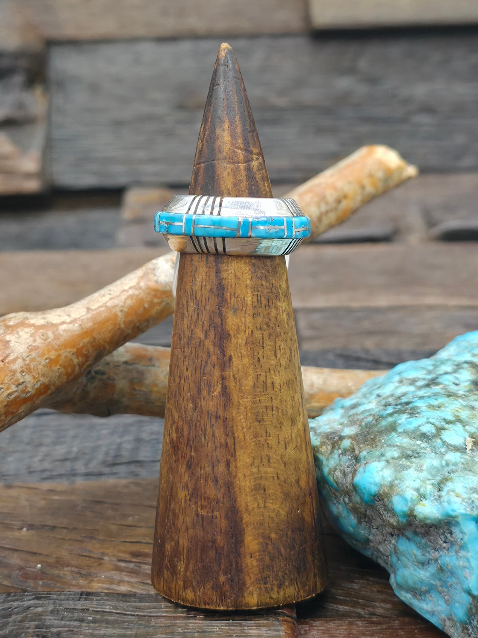 Sterling Silver Candelaria Turquoise Patterned Channel Inlay Infinity Ring by Dean Sandoval - Size 8 1/2