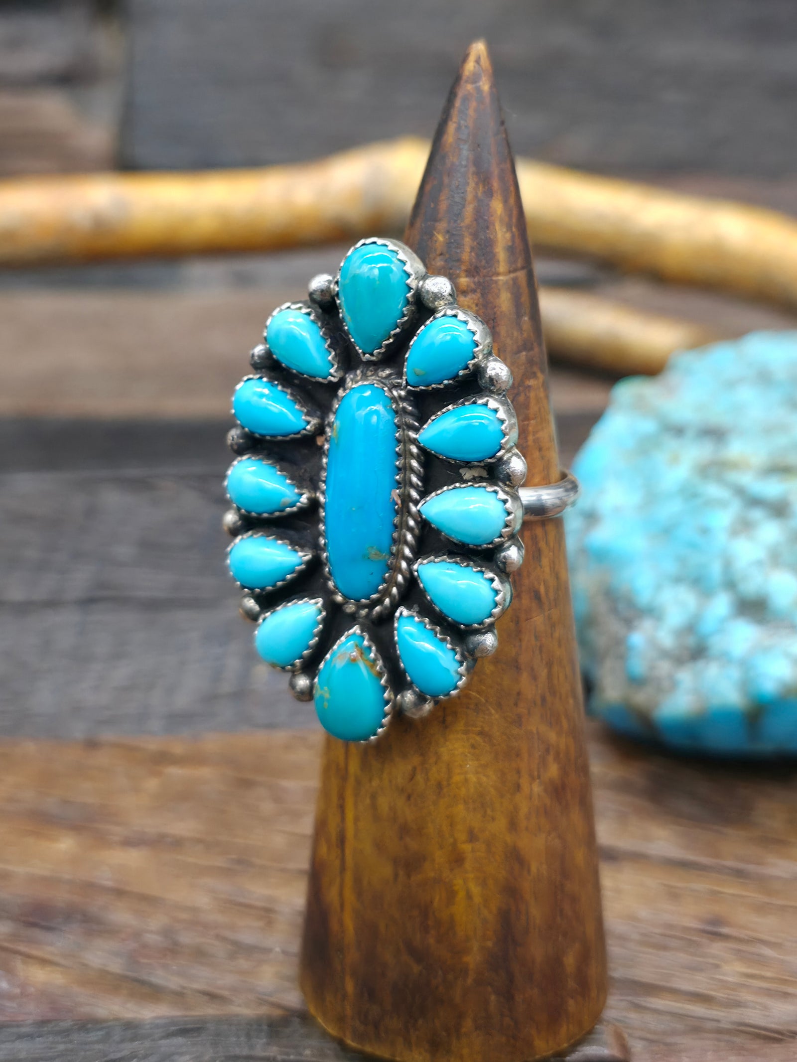 Sterling Silver Turquoise Cluster Ring by "MJ" - Adjustable