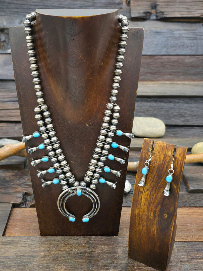 Sterling Silver Turquoise Squash Blossom Necklace and Earring Set by Marie Kirlie - 18 in.