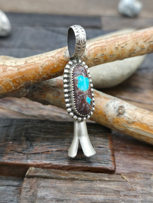 Sterling Silver and Bisbee Turquoise Squash Blossom Pendant by Chris Etsitty - 2 1/4 in. by 1/2 in.