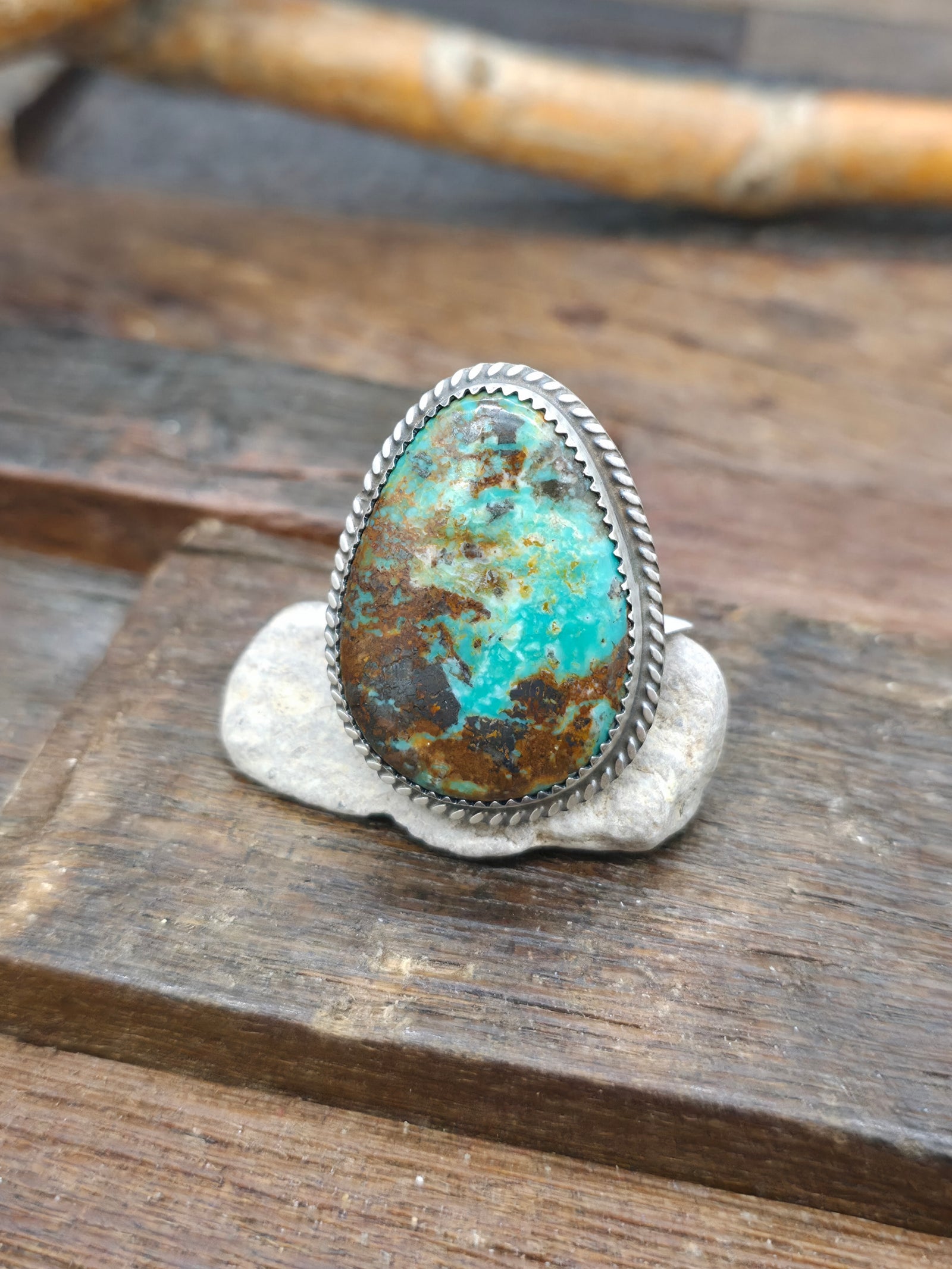 Sterling Silver Pear Shaped Turquoise Statement Ring by Leslie Nez - Adjustable