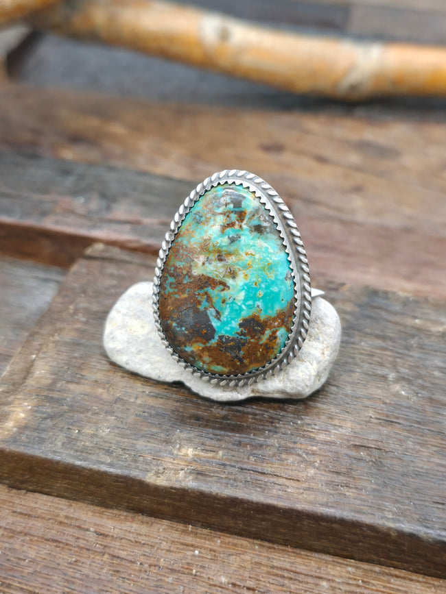 Sterling Silver Pear Shaped Turquoise Statement Ring by Leslie Nez - Adjustable