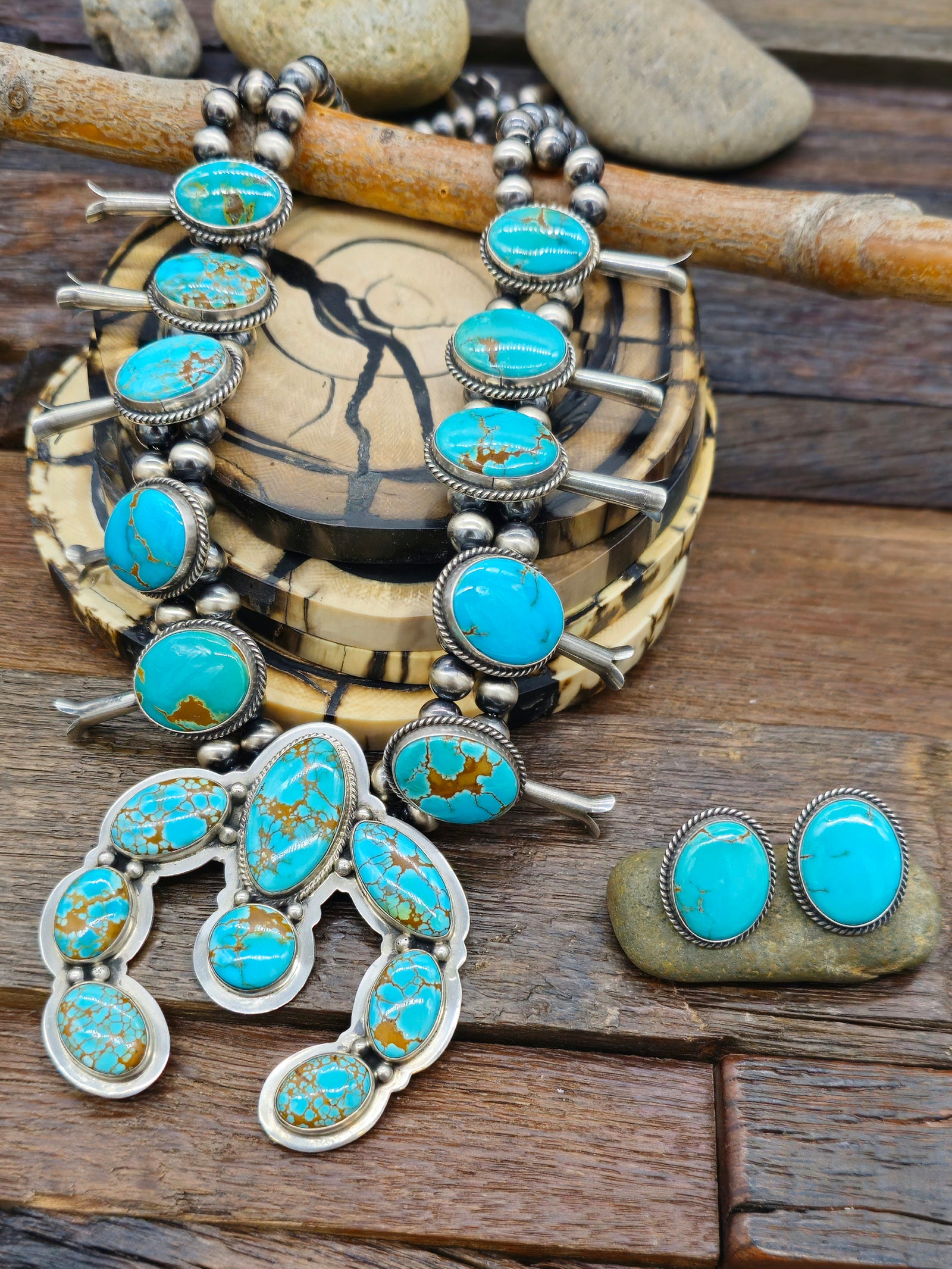 Blue Turquoise Squash Blossom Necklace and Earring Set by Nila