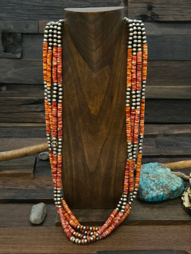 Four Strand Orange Spiny and Oxidized Sterling Silver Bead Necklace by Fred Archuleta - 31 in.