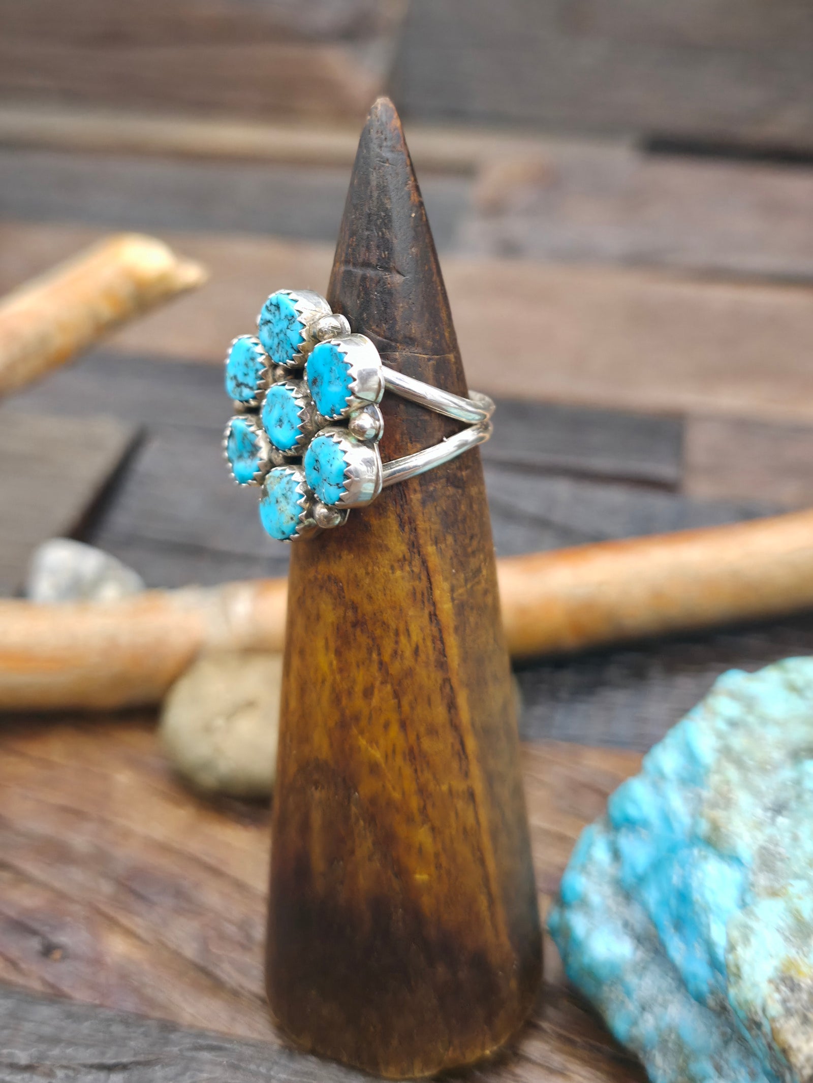 Sterling Silver Turquoise Nugget Cluster Ring by H. Etsitty - Size 7 1/2
