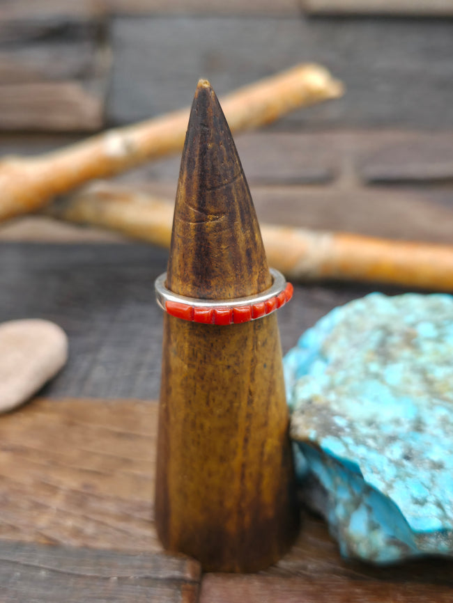 Sterling Silver Coral Cobblestone Inlay Ring by Albert Topaha - Size 9