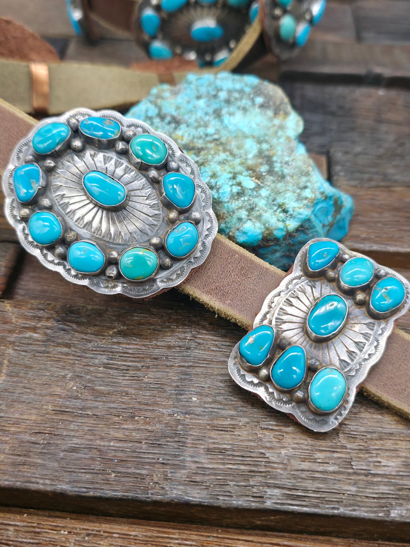 Stamped Sterling Silver and Turquoise Concho Belt by Dan Morgan - 52 in.
