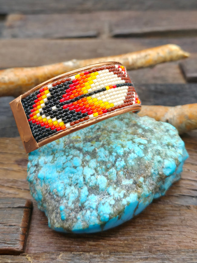 Brown White and Black Feather Design Beadwork Cuff on Copper by Jimmy Begay - 8 in. with Gap