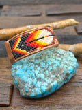 Brown White and Black Feather Design Beadwork Cuff on Copper by Jimmy Begay - 8 in. with Gap