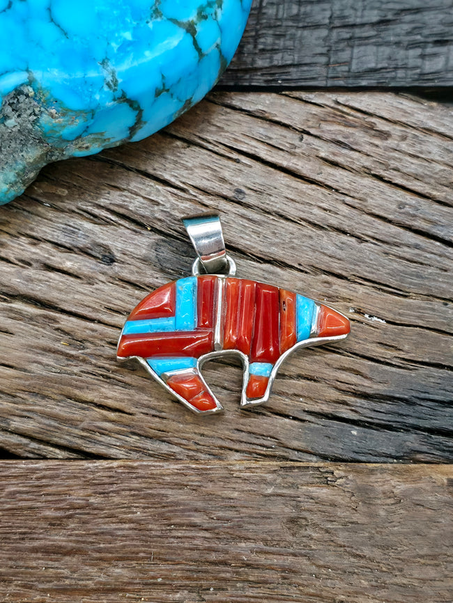 Sterling Silver Coral and Turquoise Cobblestone Inlay Bear Pendant by Calvin Begay - 1 1/4 in. by 1 1/2 in.