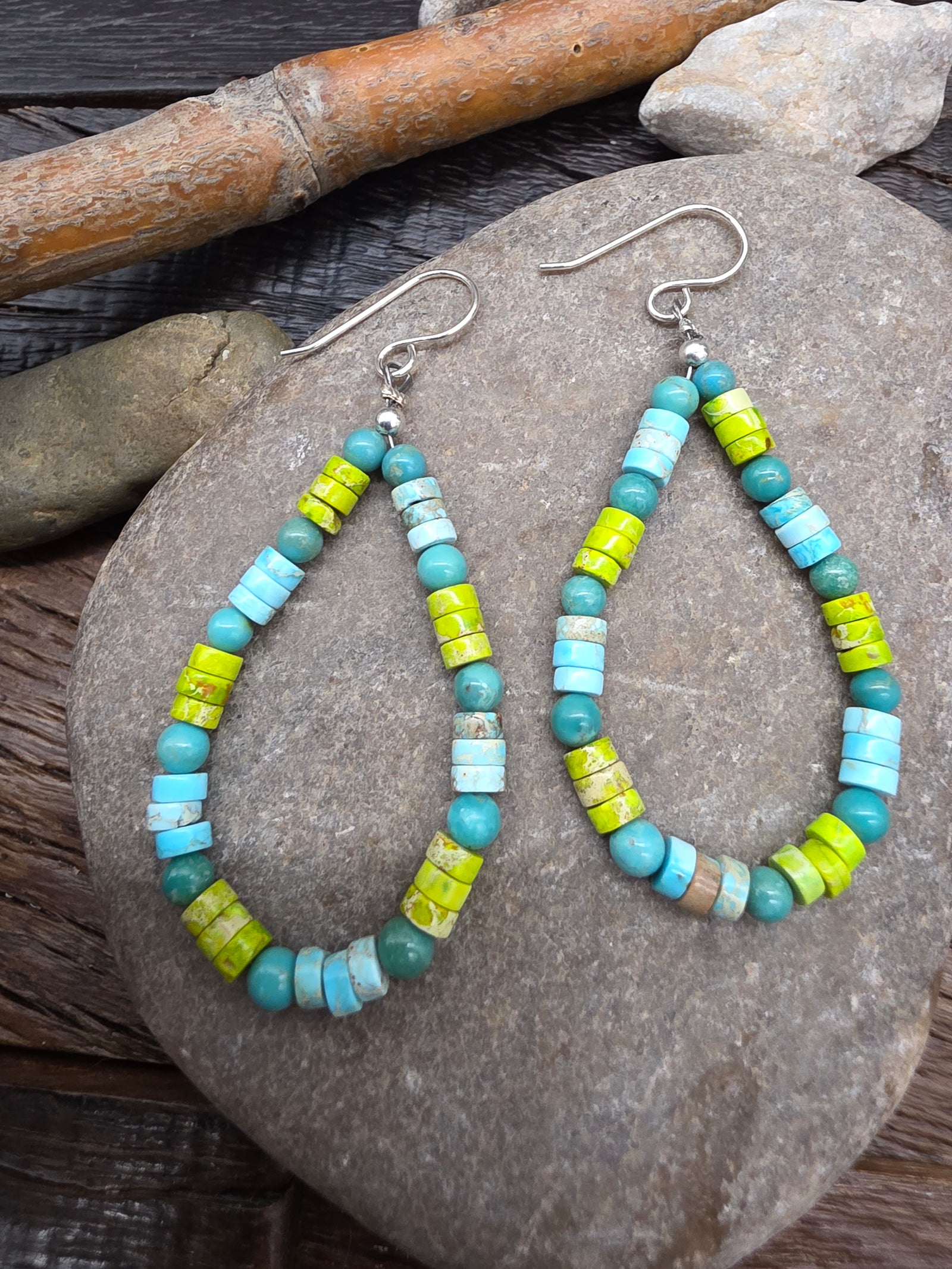 Blue and Green Turquoise Heishi and Sphere Bead Earrings by Fred Archuleta